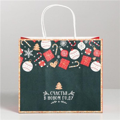 Пакет подарочный новогодний крафтовый «Счастья в Новом году», 22×25×12 см