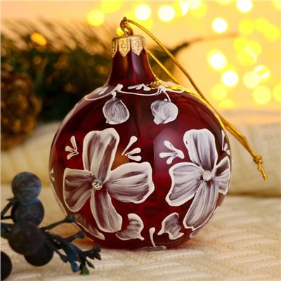 Ёлочный шар d=8 см «Белые незабудки» ручная роспись, бордово-белый