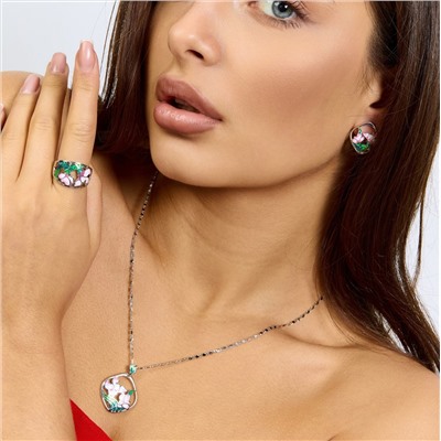 Комплект ювелирная бижутерия коллекция  "Дубай" серьги, кулон и кольцо 19 р, покрытие: посеребрение, вставка: цветная эмаль и цирконы, арт.313.273-19