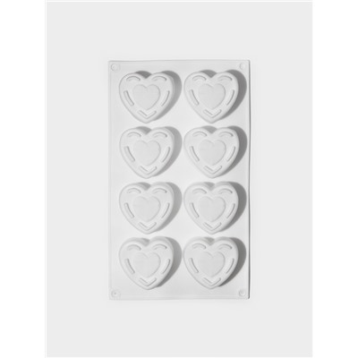 Форма для муссовых десертов Доляна «Сердце», силикон, 29×17×4.3 см, 8 ячеек (5.5×6.2×3.5 см), белая