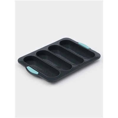 Форма для выпечки с перфорацией «Хлеб», силикон, 35.5×23.5×2.5 см, 4 ячейки (20×6.2×2.4 см), тёмно-серый