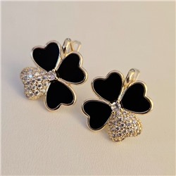 Серьги клевер ювелирная бижутерия Итальянское золото (покрытие желтое 14к), вставка: фианиты и пластик, цвет: прозрачный и черный, арт.217.426