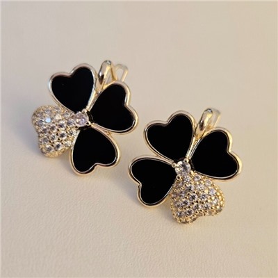 Серьги клевер ювелирная бижутерия Итальянское золото (покрытие желтое 14к), вставка: фианиты и пластик, цвет: прозрачный и черный, арт.217.426