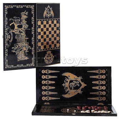 Игра 2в1 большая черная, рисунок золото (нарды, шашки) "Рыцари" (600*300*40)