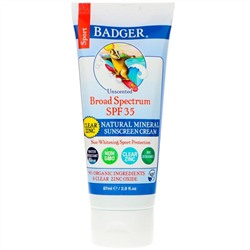 Badger Company, Спорт, натуральный минеральный солнцезащитный крем, прозрачный цинк, фактор защиты SPF 35, без запаха, 87 мл