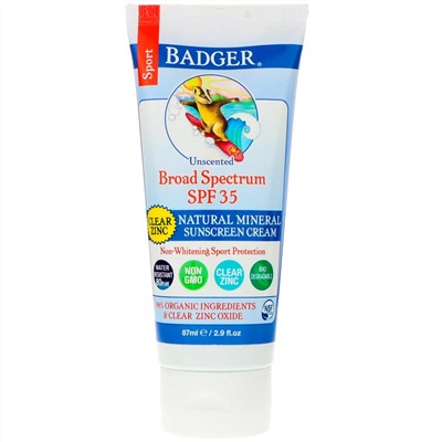 Badger Company, Спорт, натуральный минеральный солнцезащитный крем, прозрачный цинк, фактор защиты SPF 35, без запаха, 87 мл