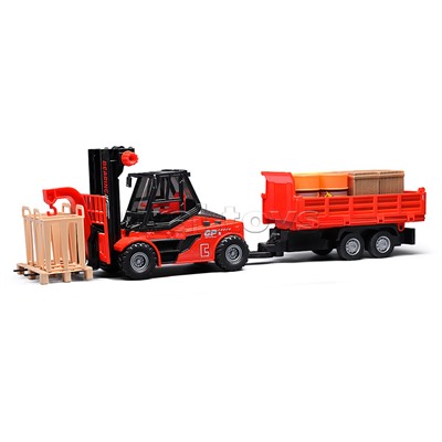 Погрузчик с прицепом и цистернами (свет, звук) в коробке (красный)