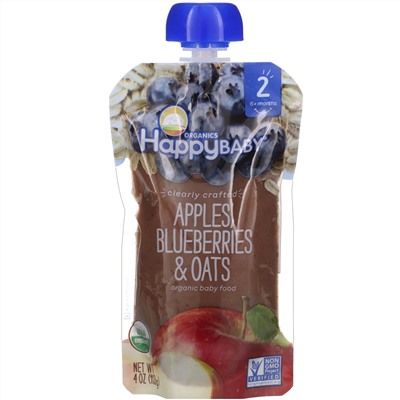 Happy Family Organics, Органическое детское питание, 2-й этап, 6+ месяцев, яблоко, голубика и овес, 4,0 унции(113 г)