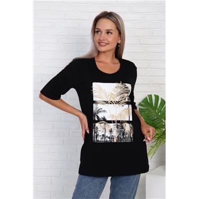 Футболка удлиненная с рисунком листья пальмы, Арт. 786 (Черный)