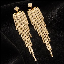 Серьги длинные женские вечерние со стразами, цвет: золотистый и прозрачный, арт.012.048