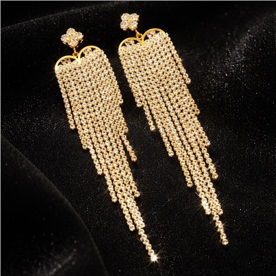 Серьги длинные женские вечерние со стразами, цвет: золотистый и прозрачный, арт.012.048
