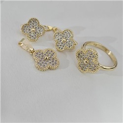 Комплект ювелирной бижутерии Итальянское золото (покрытие желтое 14к), серьги, кулон и кольцо 18 р, вставка: фианиты, цвет: прозрачный, арт.313.312-18