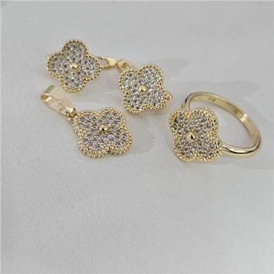 Комплект ювелирной бижутерии Итальянское золото (покрытие желтое 14к), серьги, кулон и кольцо 20 р, вставка: фианиты, цвет: прозрачный, арт.313.312-20