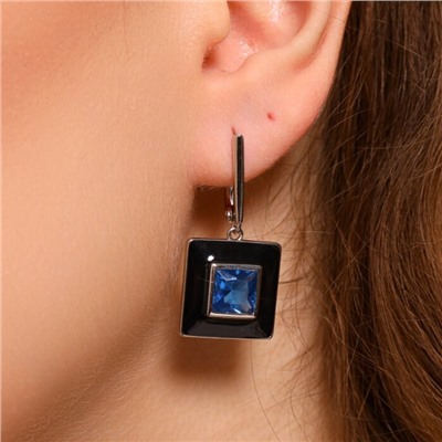 Серьги подвески с камнем, покрытие посеребрение, вставка: эмаль и фианиты, цвет: черный и синий, арт.215.283