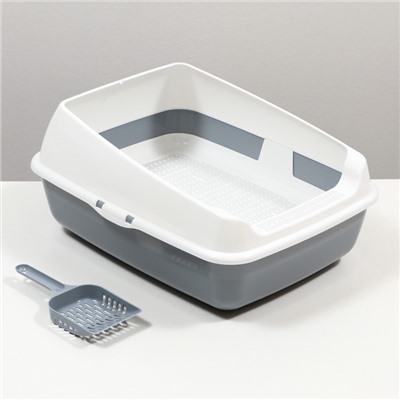 Лоток для кошек, 50.5×39×23 см, с сеткой и совком, пластик, серый