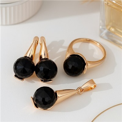 Комплект ювелирной бижутерии коллекция "Дубай" серьги, кулон и кольцо 18 р, покрытие позолота, вставка: кристалл, цвет: черный, арт.414.195-18