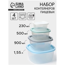 Набор пищевых контейнеров SparkPlast BioFresh, 4 шт.: 230 мл, 500 мл, 900 мл, 1.55 л, пластик, крышка МИКС