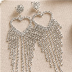 Серьги вечерние длинные сердца со стразами, цвет серебристый, арт. 006.043