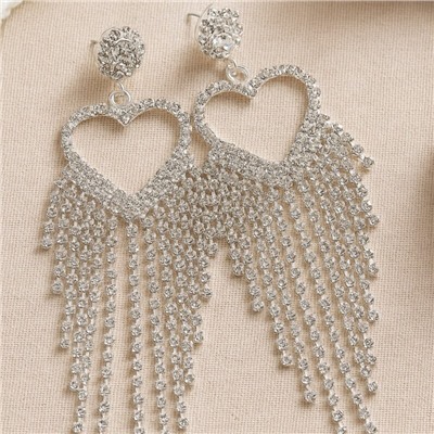 Серьги вечерние длинные сердца со стразами, цвет серебристый, арт. 006.043