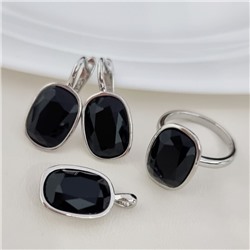 Комплект ювелирной бижутерии серьги, кулон и кольцо 17 р, покрытие посеребрение, вставка: искусственный кристалл, цвет: черный, арт.314.866-17