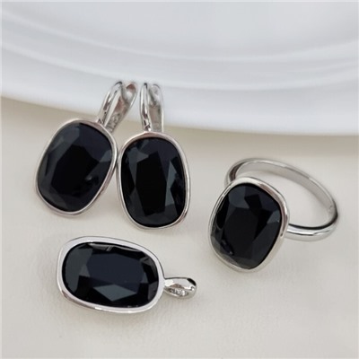 Комплект ювелирной бижутерии серьги, кулон и кольцо 18 р, покрытие посеребрение, вставка: искусственный кристалл, цвет: черный, арт.314.866-18