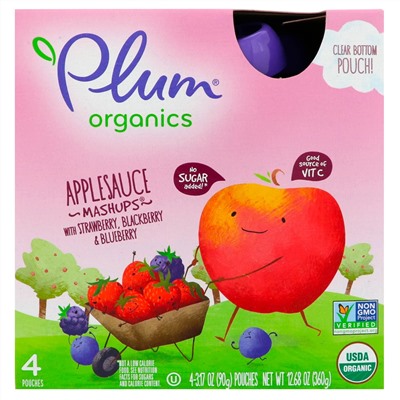 Plum Organics, Organic Applesauce Mashups with Strawberry, Blackberry & Blueberry , 4 Pouches, 3.17 oz (90 g) Each