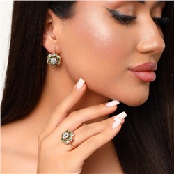 Комплект ювелирной бижутерии Дубайское золото серьги и кольцо, покрытие позолота, вставка: фианиты, цвет: зеленый и прозрачный, р-р 19, 0119, арт.214.527-19