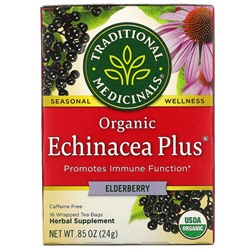 Traditional Medicinals, Organic Echinacea Plus, бузина, без кофеина, 16 чайных пакетиков в упаковке, 24 г (0,85 унции)