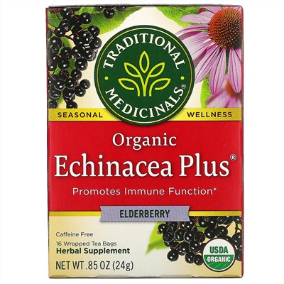 Traditional Medicinals, Organic Echinacea Plus, бузина, без кофеина, 16 чайных пакетиков в упаковке, 24 г (0,85 унции)