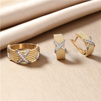 Комплект ювелирной бижутерии Итальянское золото (покрытие желтое 14к) серьги и кольцо 19 р, вставка: фианиты, цвет: прозрачный, арт.217.390-19