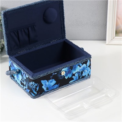 Шкатулка для рукоделия и шитья «Голубые цветы на синем», хранение ниток, иголок, мелочи, 24×16×11 см