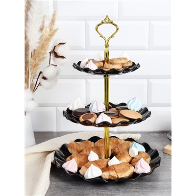 Ваза для сервировки 3-х ярусная 15/20/25 Круг Волна черная / KB22 /уп 80/ Пластик/739562