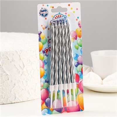 Свечи для торта 14см "С Днем рождения" серебристые с подставками (упаковка 6 шт.)