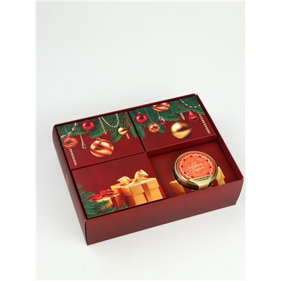 Подарочный набор новогодний «Счастливого нового года», чай чёрный 50 г, арахис 100 г, ананас 100 г, крем-мёд 120 г