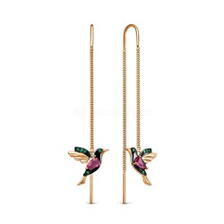 Серьги-продёвки из золочёного серебра с пл.кварцем цв.родолит и фианитами 925 пробы п7-614з110233