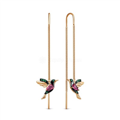 Серьги-продёвки из золочёного серебра с пл.кварцем цв.родолит и фианитами 925 пробы п7-614з110233