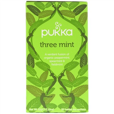 Pukka Herbs, Three Mint, Caffeine Free, 20 Herbal Tea Sachets, 1.12 oz (32 g)