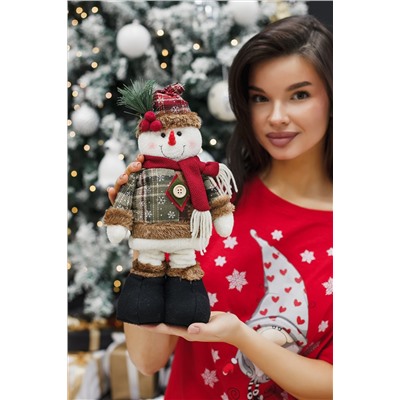 Игрушка новогодняя с выдвижными ногами Снеговик коричневое платье