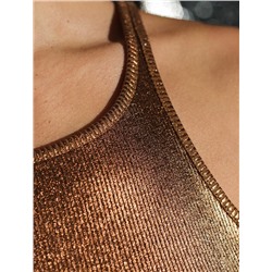 Топ с закрытым декольте из хлопка с эластаном в рубчик с матовым покрытием металлик