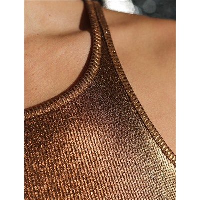 Топ с закрытым декольте из хлопка с эластаном в рубчик с матовым покрытием металлик