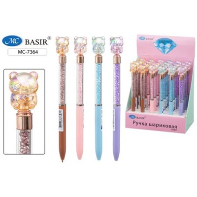 Ручка шариковая поворотная, "МИШКА" комбинированный корпус, цветной, со стразами, синяя МС-7364 Basir