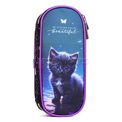 Пенал "Beautiful Cat" 21x8x5 см, овальный для 50 предметов, с внутренним органайзером-створкой, плотный износостойкий полиэстер с водоотталкивающей пропиткой, на молнии