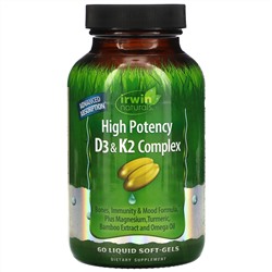 Irwin Naturals, Высокоэффективный комплекс D3 и K2, 60 желатиновых капсул + витамин C, 500 мг, 30 капсул