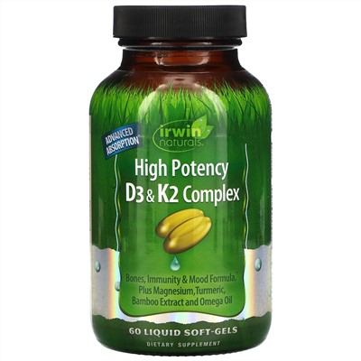 Irwin Naturals, Высокоэффективный комплекс D3 и K2, 60 желатиновых капсул + витамин C, 500 мг, 30 капсул