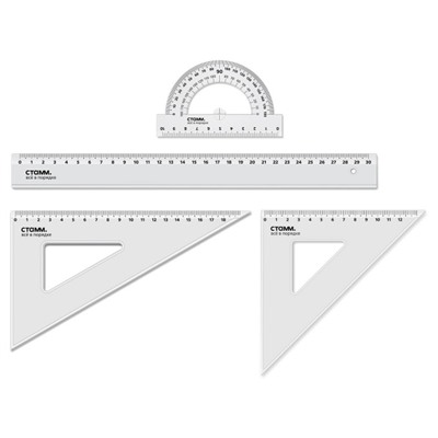 Набор геометрический 4 пр. размер L (линейка 30см, 2 треугольника, транспортир), прозрачный,бесцв., европодвес НЧ-31447 Стамм