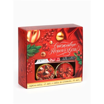Подарочный набор новогодний «Счастливого нового года»: крем-мёд 2 шт., мёд в стиках 4 шт.