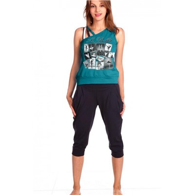 Женский домашний костюм с бриджами и майкой 33м (Изумрудный)