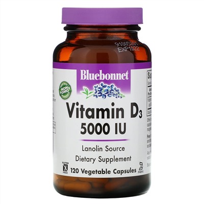 Bluebonnet Nutrition, Витамин D3, 5000 МЕ, 120 растительных капсул