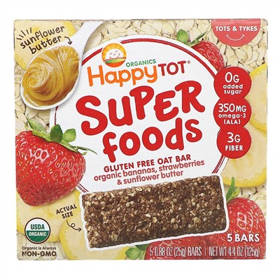 Happy Family Organics, Organics Happy Tot, суперпища, безглютеновый овсяный батончик, органические бананы, клубника и подсолнечная паста, 5 батончиков, 25 г каждый