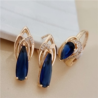 Комплект ювелирной бижутерии коллекция "Дубай" серьги и кольцо 19 р, покрытие позолота, вставка: стекло и цирконы, цвет: синий и прозрачный, арт.313.495-19